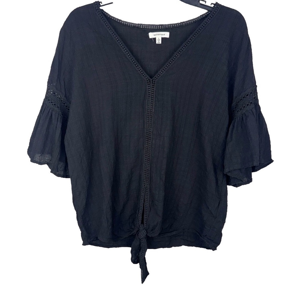 MAX STUDIO‎ L Black Knot Front Top Shirt 3/4 Flared Sleeve Boho Peasant Casual